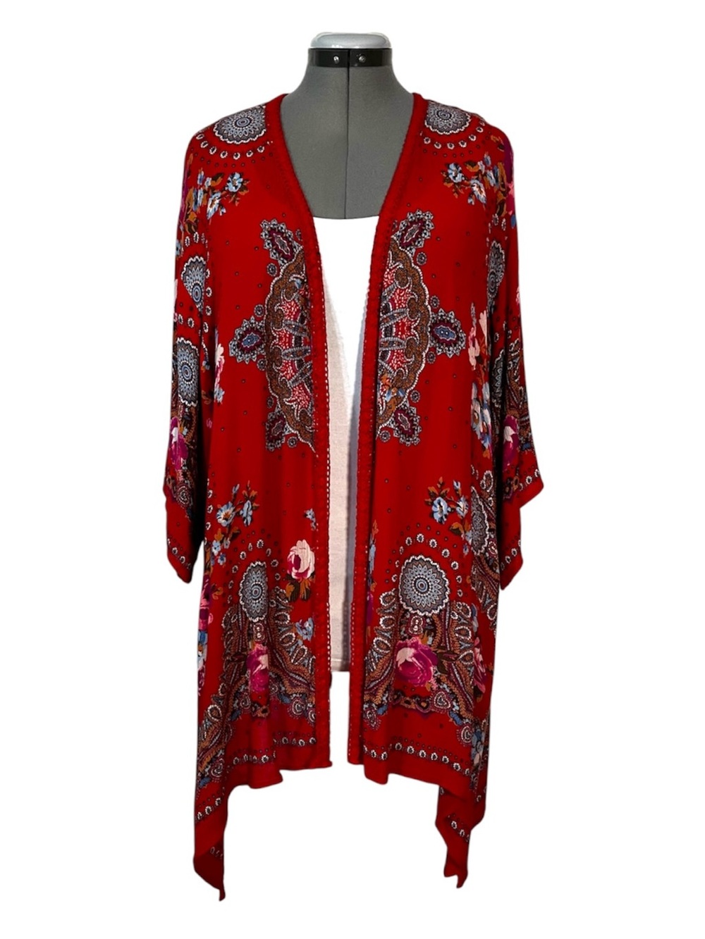 Bila Boho Printed crochet trim kimono topper L